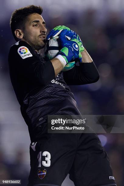 Oier of Levante UD catches the ball during the La Liga game between Levante UD and Malaga CF at Ciutat de Valencia on April 19, 2018 in Valencia,...