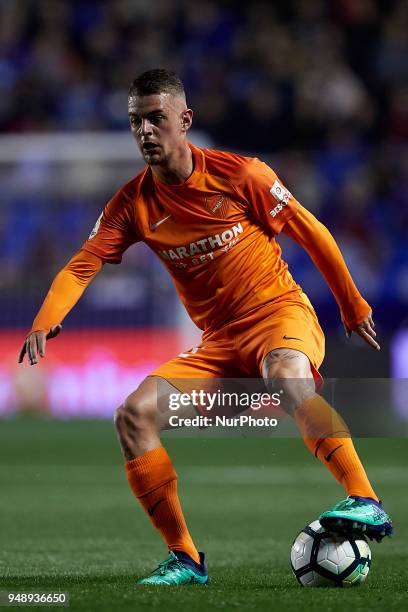 Lestienne of Malaga CF with the ball during the La Liga game between Levante UD and Malaga CF at Ciutat de Valencia on April 19, 2018 in Valencia,...