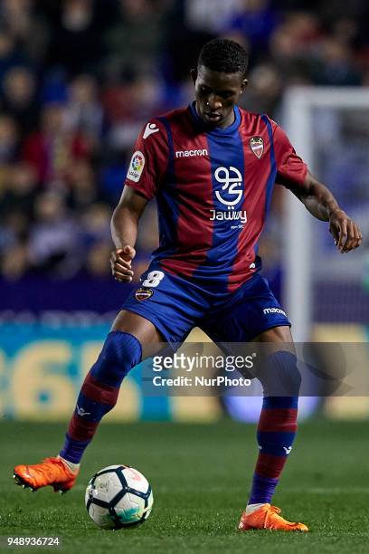 Lerma of Levante UD with the ball during the La Liga game between Levante UD and Malaga CF at Ciutat de Valencia on April 19, 2018 in Valencia, Spain