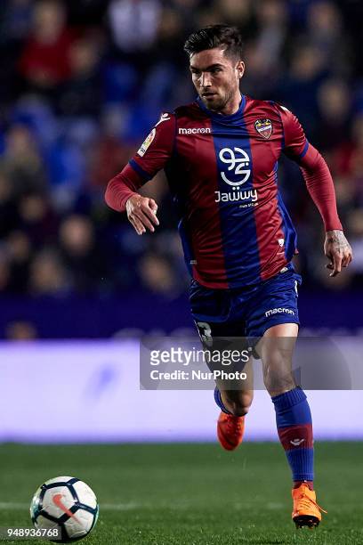 Jason of Levante UD with the ball during the La Liga game between Levante UD and Malaga CF at Ciutat de Valencia on April 19, 2018 in Valencia, Spain