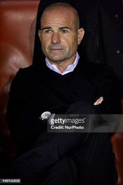 Paco Lopez head coach of Levante UD looks on prior to the La Liga game between Levante UD and Malaga CF at Ciutat de Valencia on April 19, 2018 in...