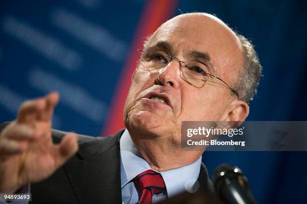 Rudy Giuliani, former mayor of New York City and 2008 Republican presidential candidate, makes a concession speech to supporters at a primary night...