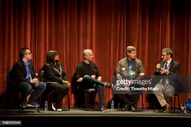 Brian Tallerico, Chaz Ebert, Scott Mantz, and Astrophysicists Brand Fortner and Miguel Alubierre attend the 2018 Roger Ebert Film Festival at...