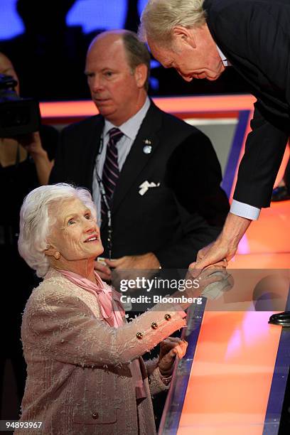 Roberta McCain, mother of Senator John McCain of Arizona, Republican presidential candidate, shakes the hand of Joseph Lieberman, an independent...