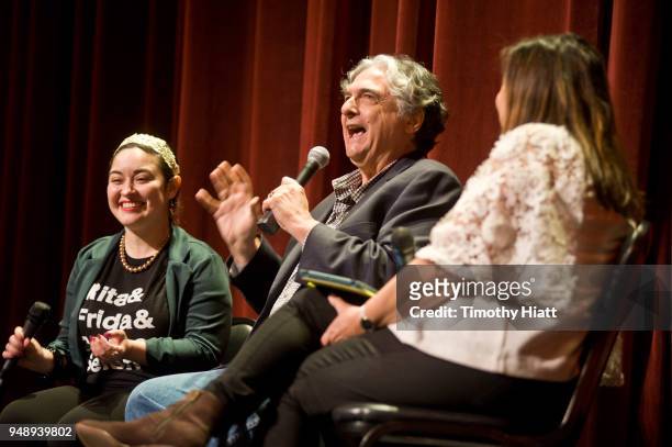 Monica Castillo, Director Gregory Nava, and Claudia Puig attend the 2018 Roger Ebert Film Festival at Virginia Theatre on April 19, 2018 in...