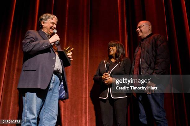 Gregory Nava, Chaz Ebert, and Nate Kohn attend the 2018 Roger Ebert Film Festival at Virginia Theatre on April 19, 2018 in Champaign, Illinois.