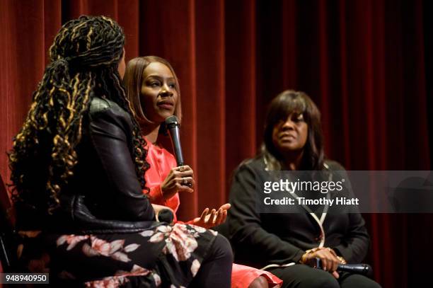 Rebecca Theodore Vachon, Director Amma Asante, and Chaz Ebert attends the 2018 Roger Ebert Film Festival at Virginia Theatre on April 19, 2018 in...