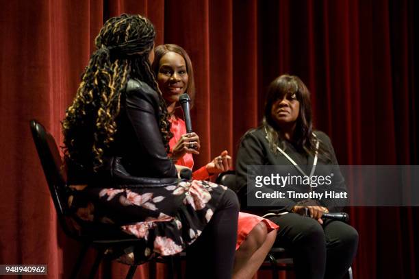 Rebecca Theodore Vachon, Director Amma Asante, and Chaz Ebert attends the 2018 Roger Ebert Film Festival at Virginia Theatre on April 19, 2018 in...