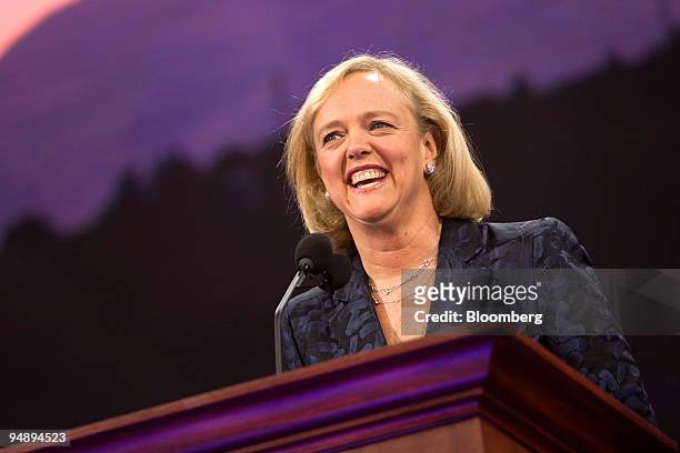 Meg Whitman, former president and chief executive officer of eBay Inc., speaks on day three of the Republican National Convention at the Xcel Energy...