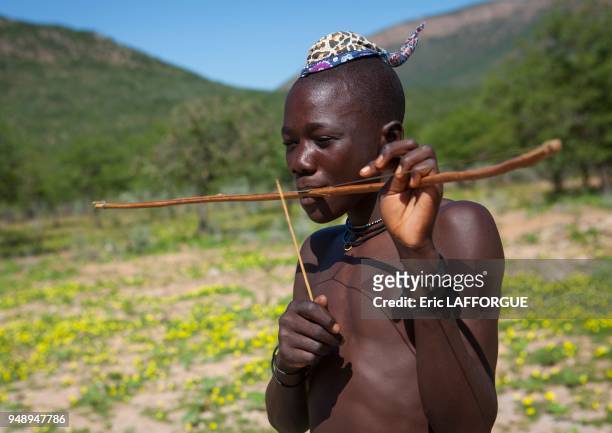 Himba man playing bow instrument, epupa, Namibia on March 4, 2014 in Epupa, Namibia.