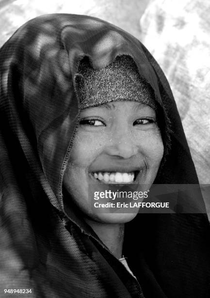 Cute Black Young Smiling Woman Wearing Veil And Qasil On Her Face Portrait Hargeisa Somaliland.