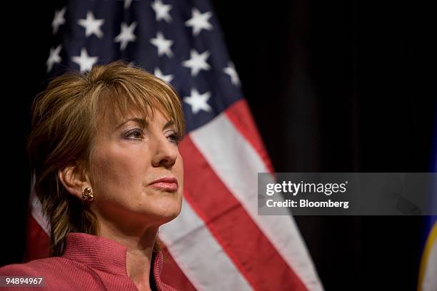 Carly Fiorina, chairman of the Republican National Committee Victory 2008 and former chairman of Hewlett-Packard Co., looks on during a news...