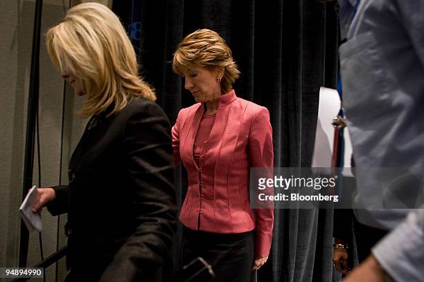 Carly Fiorina, chairman of the Republican National Committee Victory 2008 and former chairman of Hewlett-Packard Co., center, leaves following a news...