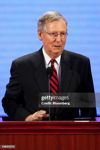 Mitch McConnell, a Republican senator from Kentucky who serves as Minority Leader of the Senate, takes part in a sound check on day three of the...