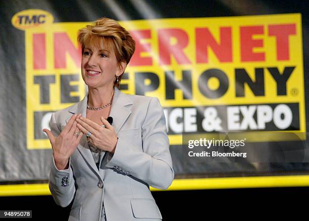 Carly Fiorina, former chairman and chief executive officer of Hewlett-Packard, gestures during her keynote address at the Internet Telephony...