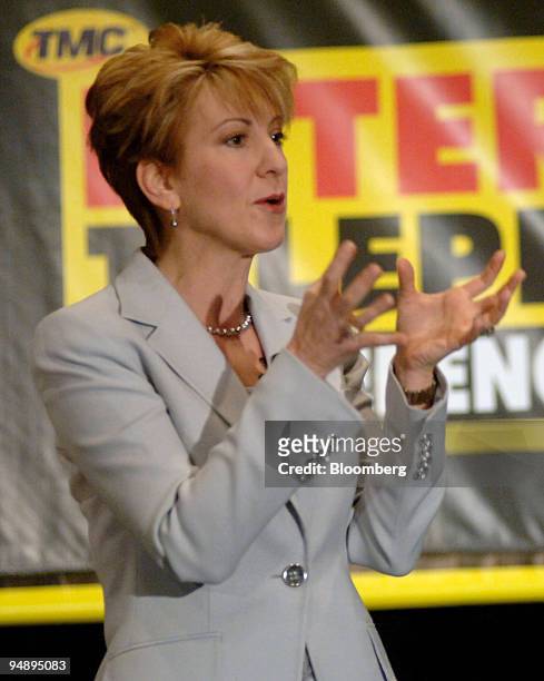 Carly Fiorina, former chairman and chief executive officer of Hewlett-Packard, gestures during her keynote address at the Internet Telephony...