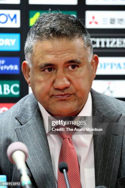 Sunwolves head coach Jamie Joseph attends a press conference after the Super Rugby Round 9 match between the Sunwolves and the Blues at the Prince...