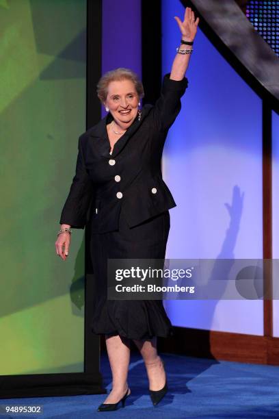 Madeleine Albright, a former U.S. Secretary of State, waves to the audience during day three of the Democratic National Convention in Denver,...