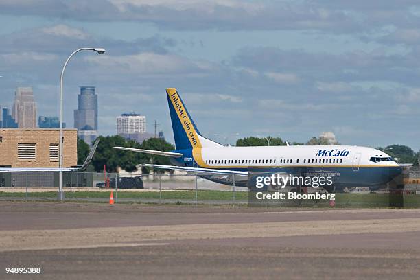 The Straight Talk Express plane, carrying Senator John McCain of Arizona, Republican presidential candidate, arrives in Minneapolis, Minnesota, U.S.,...