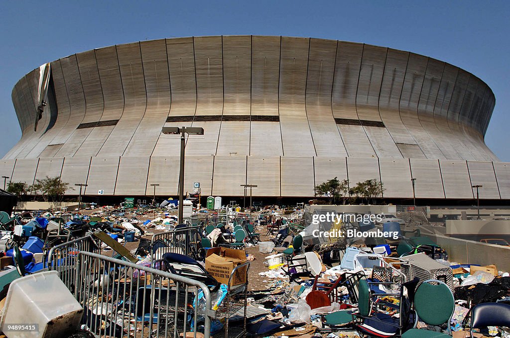 Trash and debris are pictured outside the Superdome in New O