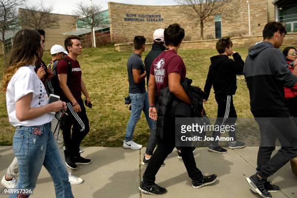Students from Marjory Stoneman Douglas High School, Pittsburgh, Columbine as well as survivors from Arapahoe and Aurora walk from the Columbine...