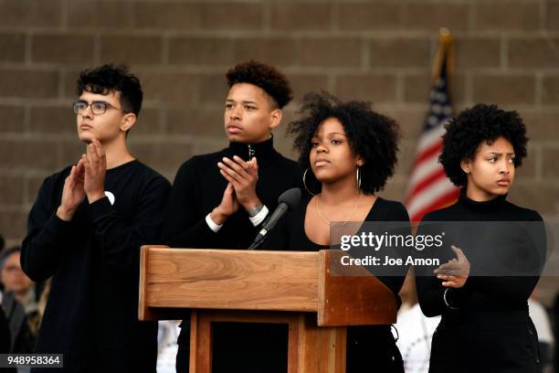 Nia Arrington from Pittsburgh speaking as students from Marjory Stoneman Douglas High School, Columbine as well as survivors from Arapahoe and Aurora...