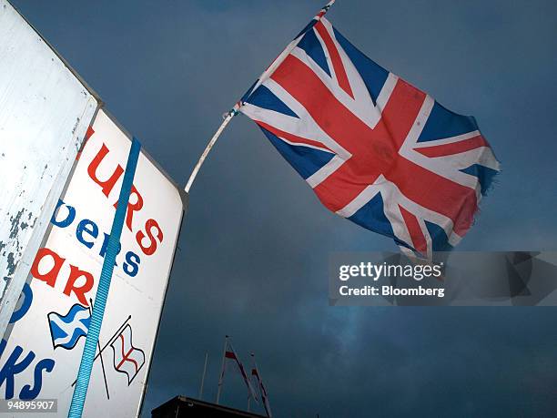 British Union Jack flag hangs on the back of a fast food van on the side of the A1 road at the England/Scotland border in Berwick Upon Tweed, U.K.,...