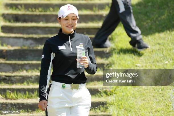 Moeka Nishihata of Japan smiles on the 2nd hole during the final round of the Panasonic Open Ladies at Tanabe Country Club on April 20, 2018 in...