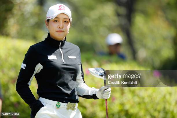 Moeka Nishihata of Japan watches on the 2nd hole during the final round of the Panasonic Open Ladies at Tanabe Country Club on April 20, 2018 in...