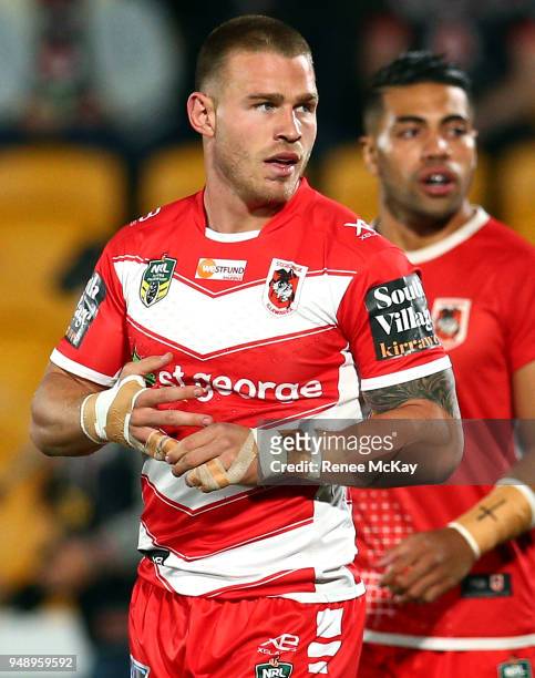 Euan Aitken of the Dragons warms up during the round seven NRL match between the New Zealand Warriors and the St George Illawarra Dragons at Mt Smart...