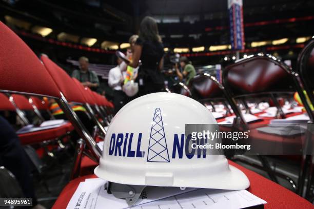 Helmet in support of drilling in the Arctic National Wildlife Refuge is displayed in the section for Alaska delegates on day two of the Republican...