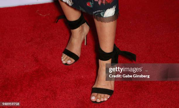 Singer DeLeon Richards, shoes detail, attends the 2018 Derek Jeter Celebrity Invitational gala at the Aria Resort & Casino on April 19, 2018 in Las...