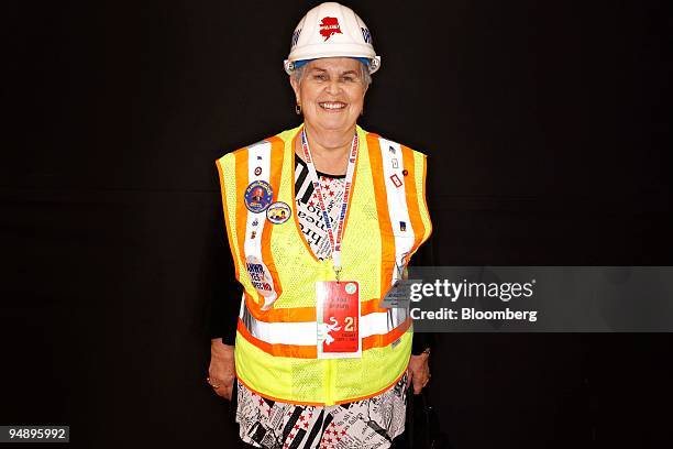 June Burkhart, a delegate from Alaska who is wearing a helmet in support of drilling in the Arctic National Wildlife Refuge , stands for a portrait...