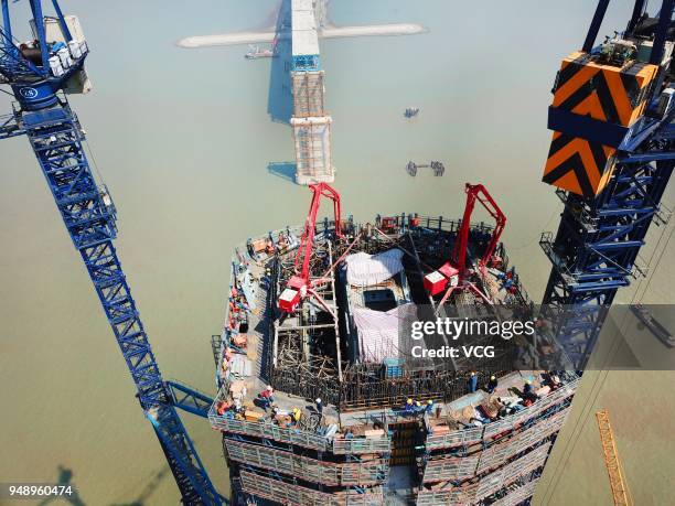 Aerial view of the Hutong Yangtze Bridge connecting Shanghai and Nantong under construction on April 19, 2018 in Nantong, Jiangsu Province of China....