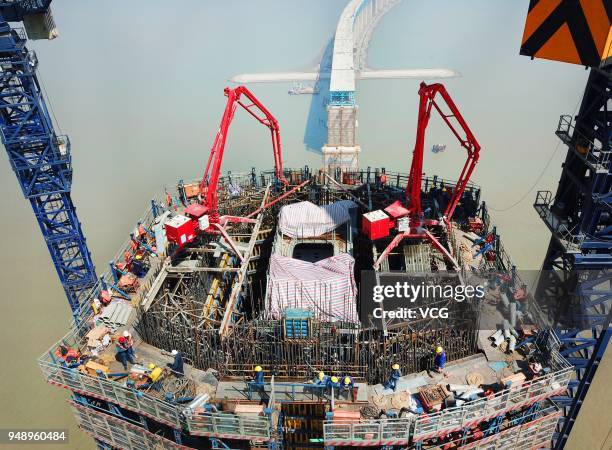 Aerial view of the Hutong Yangtze Bridge connecting Shanghai and Nantong under construction on April 19, 2018 in Nantong, Jiangsu Province of China....