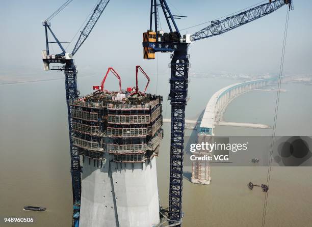 Aerial view of the Hutong Yangtze Bridge connecting Shanghai and Nantong under construction on April 19, 2018 in Nantong, Jiangsu Province of China....