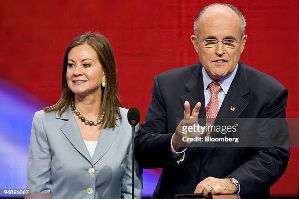Rudolph "Rudy" Giuliani, former mayor of New York, right, and his wife Judith Nathan, take part in a tour and sound check on day two of the...