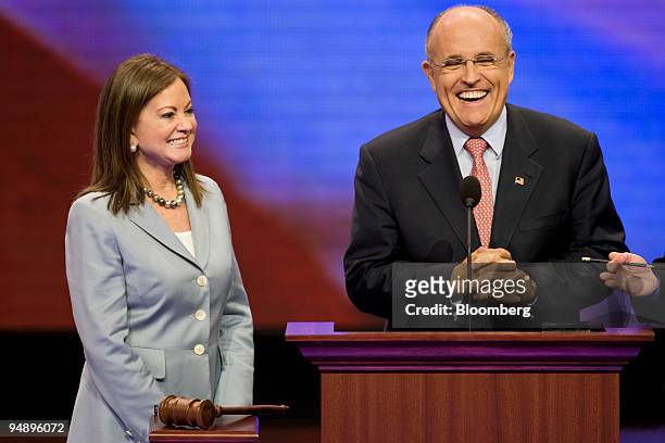 Rudolph "Rudy" Giuliani, former mayor of New York, right, and his wife Judith Nathan, take part in a tour and sound check on day two of the...