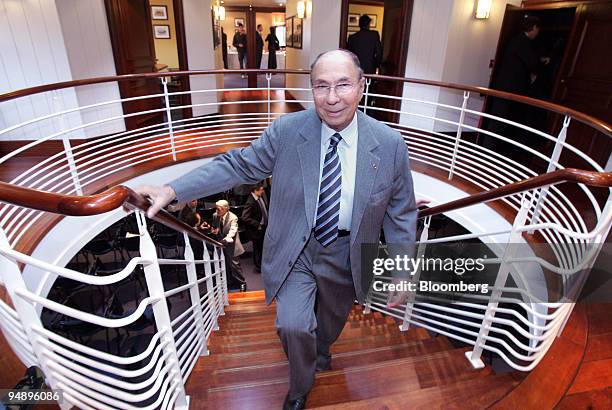 Serge Dassault, honorary chairman of Dassault Aviation, leaves after a news conference announcing the company's 2007 results, in Suresnes, near...