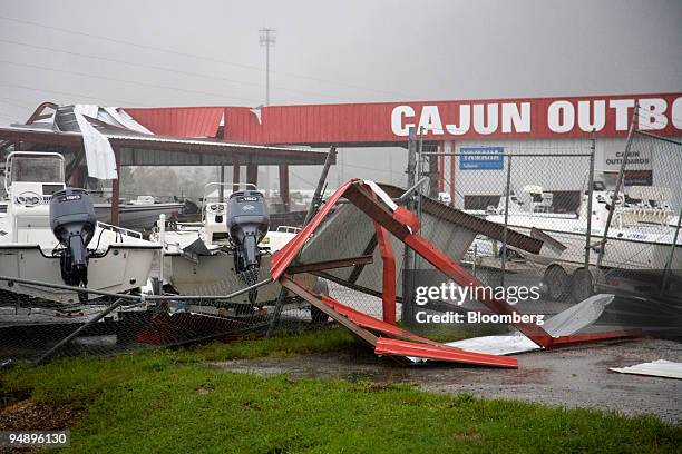 Marine outboard motor shop suffered damage to its metal building as Huricane Gustav hit in Addis, near Baton Rouge, Louisiana, U.S., on Monday, Sept....