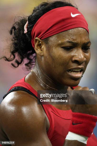 Serena Williams of the U.S. Reacts during her game against Severine Bremond of France in their singles tennis match on day eight of the U.S. Open in...