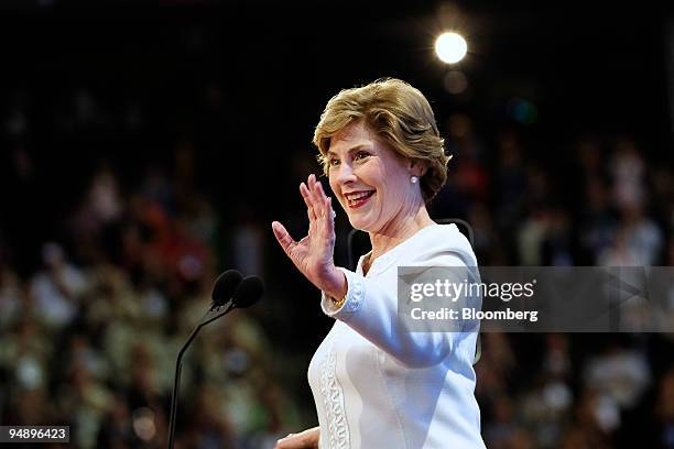 First Lady Laura Bush, wife of U.S. President George W. Bush, speaks on day one of the Republican National Convention at the Xcel Center in St. Paul,...