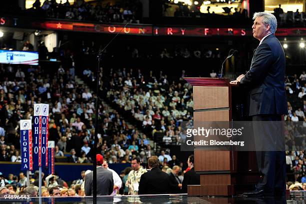 Kevin McCarthy, a Republican representative from California, speaks on day one of the Republican National Convention at the Xcel Center in St. Paul,...