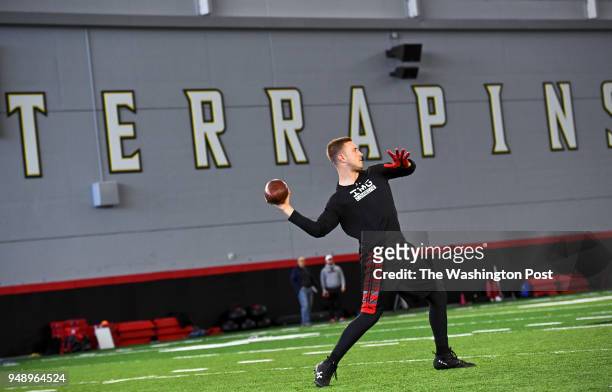 Kyle Lauletta, an NFL draft quarterback prospect out of the University of Richmond, works through a practice as he is filmed for a pre-draft TV show...