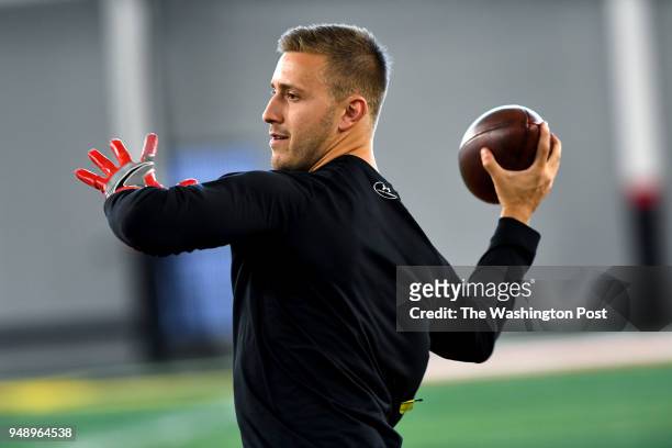 Kyle Lauletta, an NFL draft quarterback prospect out of the University of Richmond, works through a practice as he is filmed for a pre-draft TV show...