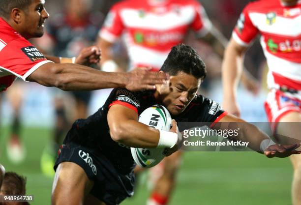 Mason Lino of the Warriors scores a try during the round seven NRL match between the New Zealand Warriors and the St George Illawarra Dragons at Mt...