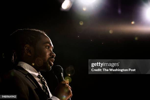 Candidate Trayon White addresses attendees at the Ward 8 Democrats' city council member straw poll forum at Anacostia High School in Washington...