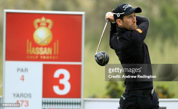 Gregory Bourdy of France on the 3rd tee during the second round of the Trophee Hassan II at Royal Golf Dar Es Salam on April 20, 2018 in Rabat,...