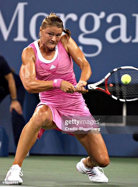 Dinara Safina of Russia returns to Timea Bacsinszky of Switzerland during their singles tennis match on day six of the U.S. Open at the Billie Jean...