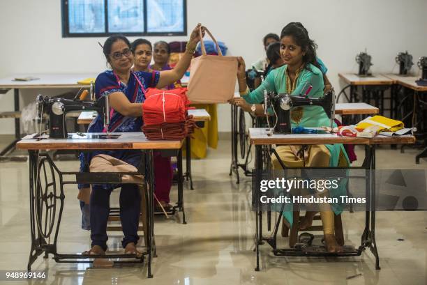 Women make the cloth bags at Mahila Bachat Gat, Sion, on April 19, 2018 in Mumbai, India. Mahila Bachat Gat provides paper and cloth bags after...